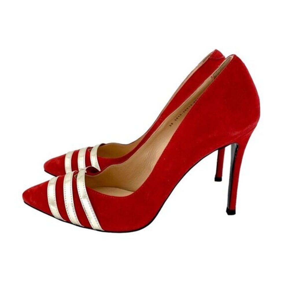 Tamara Simone Red Suede Leather Metallic Pointed Toe Pumps SZ 38 EU New